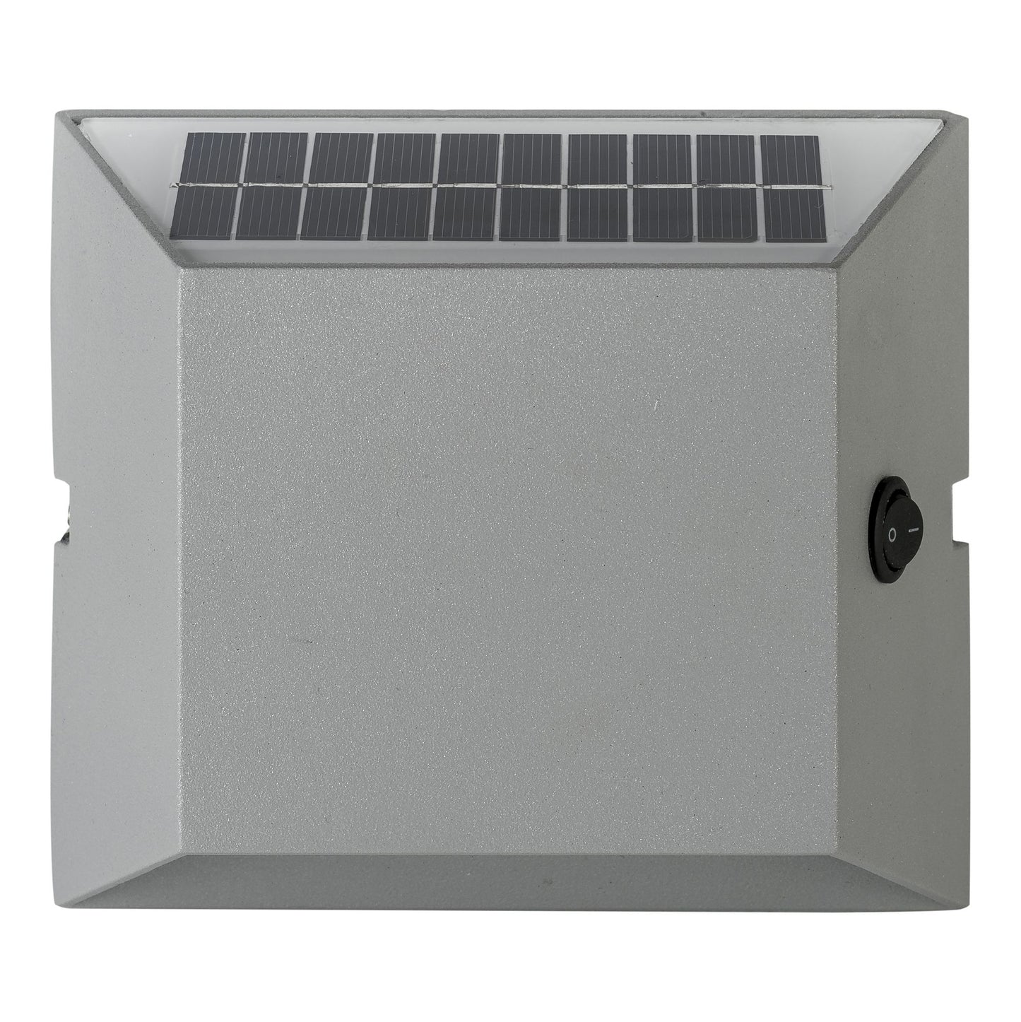 A silver, modern LED outdoor solar wall light with a geometric design, featuring a built-in solar panel.